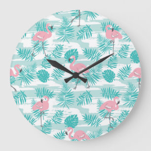 Reloj Redondo Grande Flamencos rosas, hojas de palma verdes, tropicales