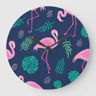 Reloj Redondo Grande Flamencos rosas, palmeras tropicales, costureras d