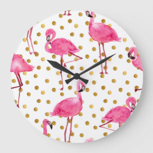 Reloj Redondo Grande Flamencos rosas, puntos dorados, acuarela.