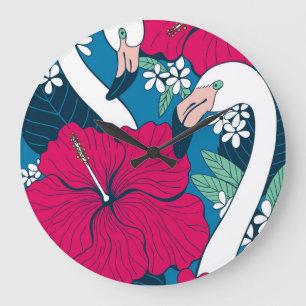 Reloj Redondo Grande Flamencos tropicales: fondo de Hibiscus Plumeria.
