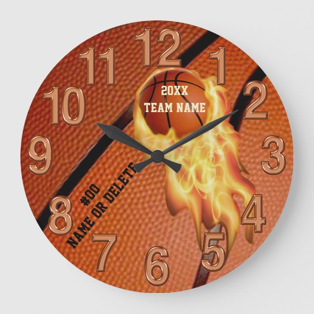 Reloj Redondo Grande Flaming Personalize, Basketball Decor for Bedroom, (Anverso)