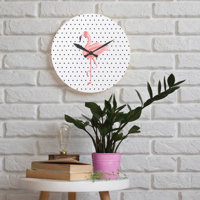 Reloj Redondo Grande Flamingo acuático rosa Polka Dot Reto (Polka Dot Reto Pink Watercolor flamingo Large Clock)