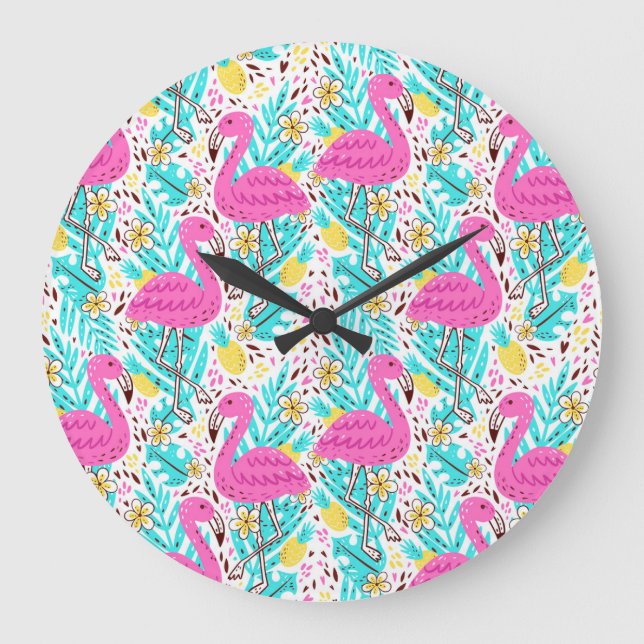 Reloj Redondo Grande Flamingo de verano tropical: elementos de patrón b (Anverso)