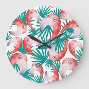 Reloj Redondo Grande Flamingo dibujado a mano: acuarela patrón sin cost