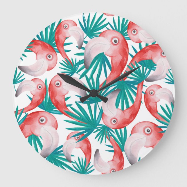 Reloj Redondo Grande Flamingo dibujado a mano: acuarela patrón sin cost (Anverso)