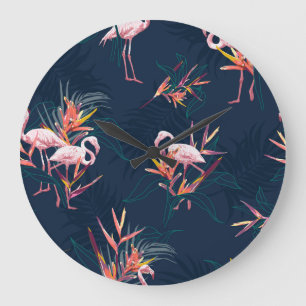 Reloj Redondo Grande Flamingo hawaiano: Obra de arte tropical vintage