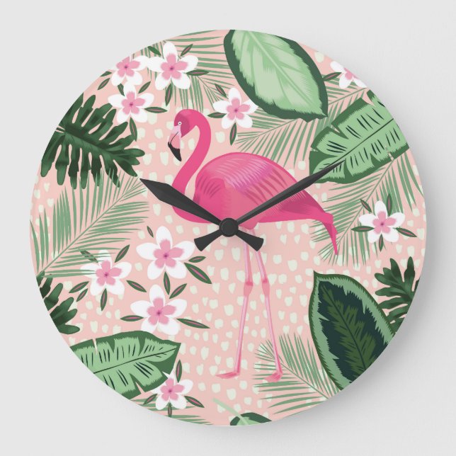Reloj Redondo Grande Flamingo, palmeras, diseño de cocina (Anverso)