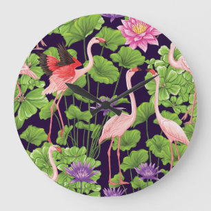 Reloj Redondo Grande Flamingo, plantas tropicales, fondo negro.