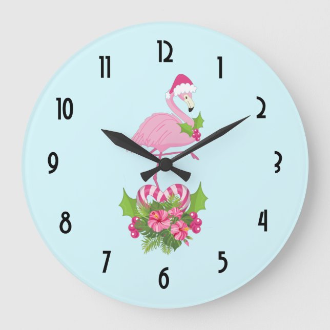 Reloj Redondo Grande Flamingo rosa en Santa Hat Navidades caprichosos (Anverso)
