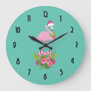 Reloj Redondo Grande Flamingo rosa en Santa Hat Navidades caprichosos