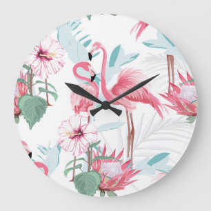 Reloj Redondo Grande Flamingo Rosa: Flores Exóticas Sin Marea.