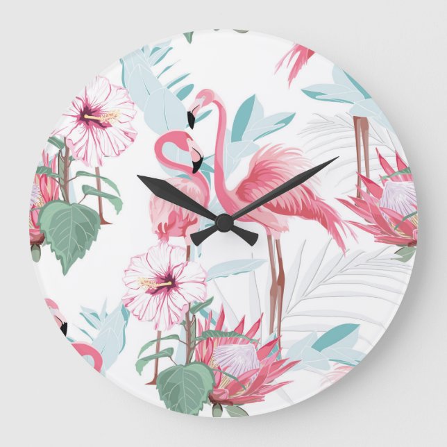 Reloj Redondo Grande Flamingo Rosa: Flores Exóticas Sin Marea. (Anverso)