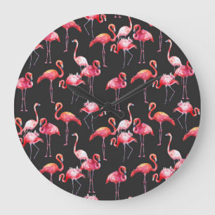 Reloj Redondo Grande Flamingo Rosa: Patrón acuarela tropical.