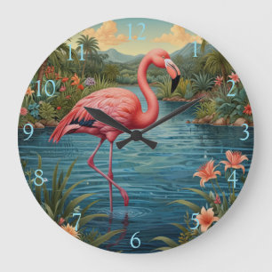 Reloj Redondo Grande Flamingo rosa retro