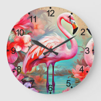Reloj Redondo Grande Flamingo rosa tropical con flores-87361