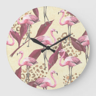 Reloj Redondo Grande Flamingo rosa tropical, patrón leopardo.