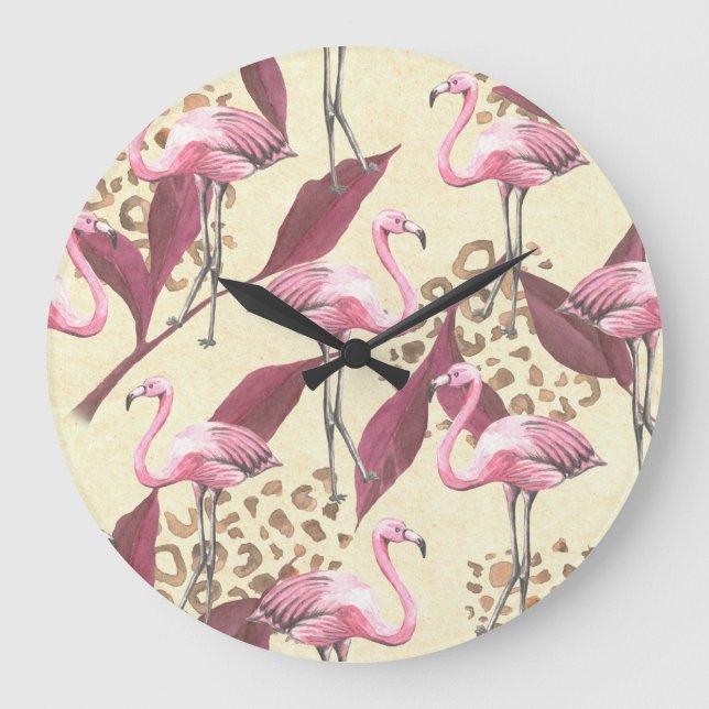 Reloj Redondo Grande Flamingo rosa tropical, patrón leopardo. (Anverso)
