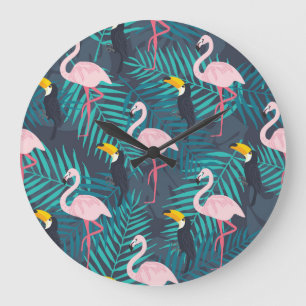 Reloj Redondo Grande Flamingo, toucano: patrón de hojas tropicales