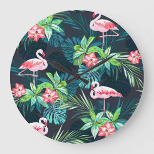 Reloj Redondo Grande Flamingo tropical: Patrón de flores de verano
