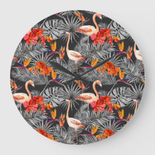 Reloj Redondo Grande Flamingo y flores, patrón monocromo.