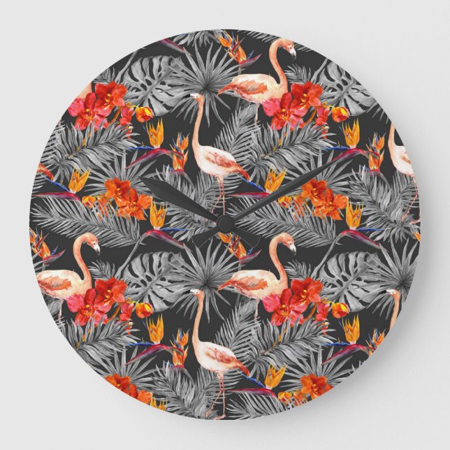 Reloj Redondo Grande Flamingo y flores, patrón monocromo. (Anverso)