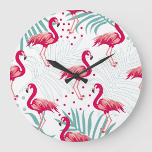 Reloj Redondo Grande Flamingo y hojas tropicales, patrón de verano.