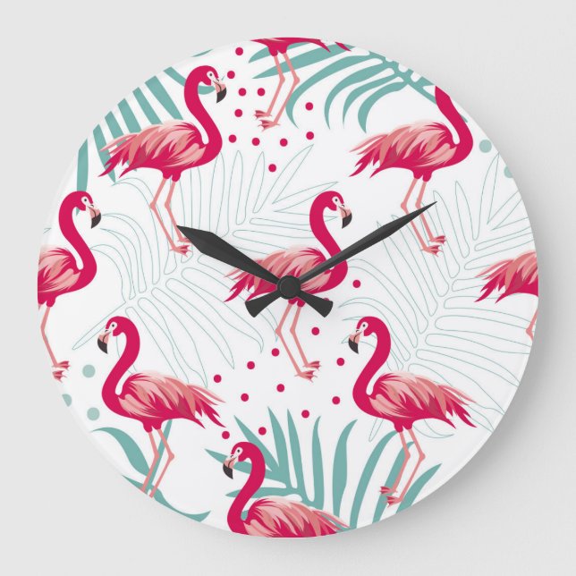 Reloj Redondo Grande Flamingo y hojas tropicales, patrón de verano. (Anverso)