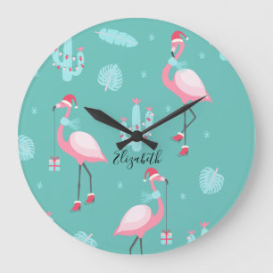 Reloj Redondo Grande Flamingos Sombrero de Santa Regalos Copos de Nieve