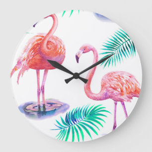 Reloj Redondo Grande Flamingos Tropicales: Orquídeas Acuarela Sin Marea