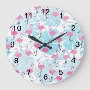Reloj Redondo Grande Flamingos y hojas de monstera gráciles