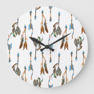 Reloj Redondo Grande Flechas tribales: ilustracion vintage de acuarela.