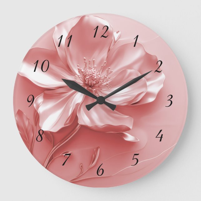Reloj Redondo Grande Flor 3D metálica brillante rosa (Anverso)