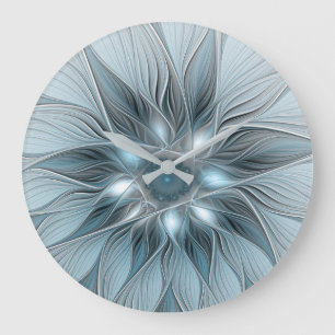 Reloj Redondo Grande Flor abstracta alegre azul gris fractal floral