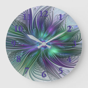 Reloj Redondo Grande Flor Abstracta Moderna Fractal Verde Púrpura