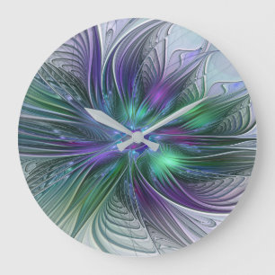 Reloj Redondo Grande Flor Abstracta Moderna Fractal Verde Púrpura