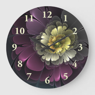 Reloj Redondo Grande Flor abstracta moderna purpura gris khaki
