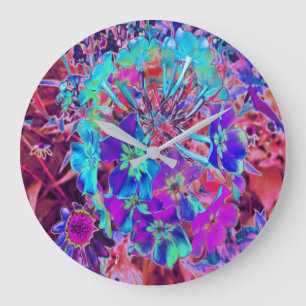 Reloj Redondo Grande Flor abstracta morada y azul florecida