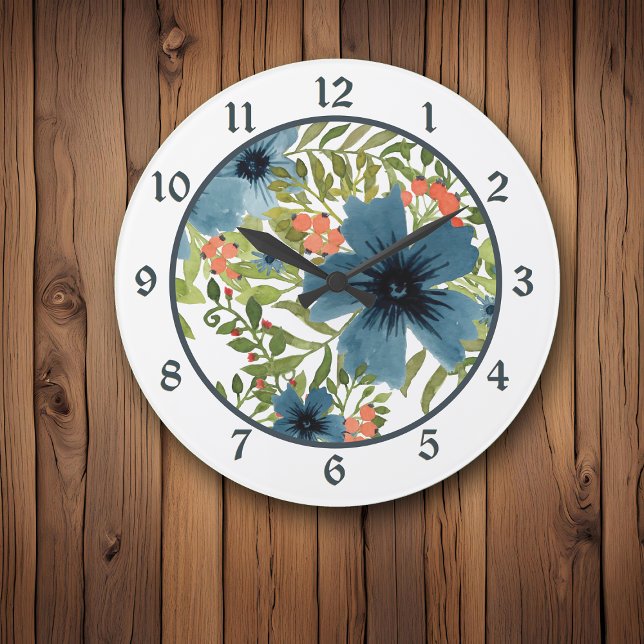 Reloj Redondo Grande Flor azul acuarela con bayas rosas (Subido por el creador)