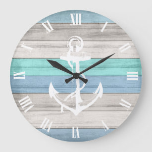 Reloj Redondo Grande Flor azul y blanca de madera, rayas náuticas y anc