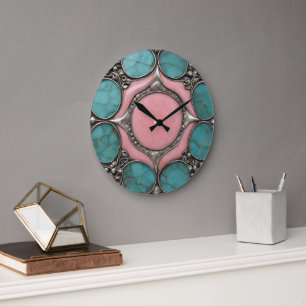 Reloj Redondo Grande Flor Celestial en Turmalina y Turquesa