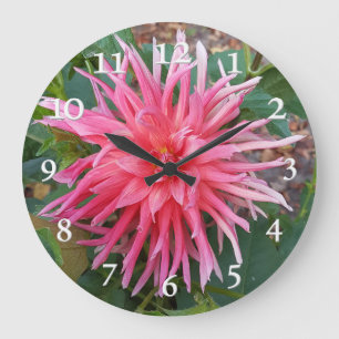 Reloj Redondo Grande Flor Dahlia rosa brillante.
