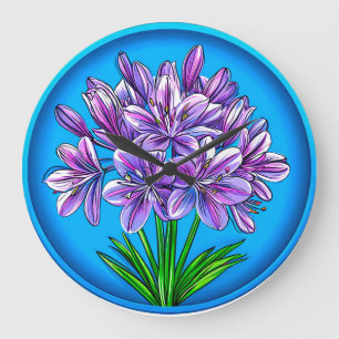 Reloj Redondo Grande Flor de Agapanthus Botánico Floral Azul Elegante