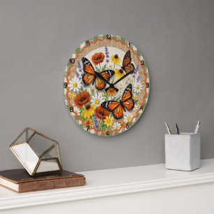 Reloj Redondo Grande Flor de Arpillera de Mariposa Monarca
