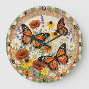 Reloj Redondo Grande Flor de Arpillera de Mariposa Monarca
