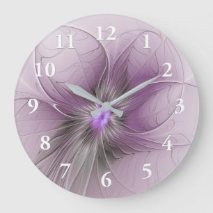 Reloj Redondo Grande Flor de arte fractal de color gris marrón de belle