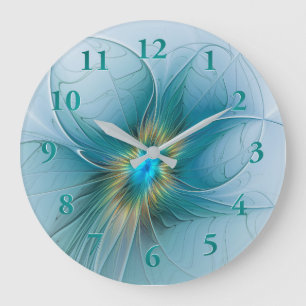 Reloj Redondo Grande Flor de Arte Fractal de Oro Azul Pequeña Belleza