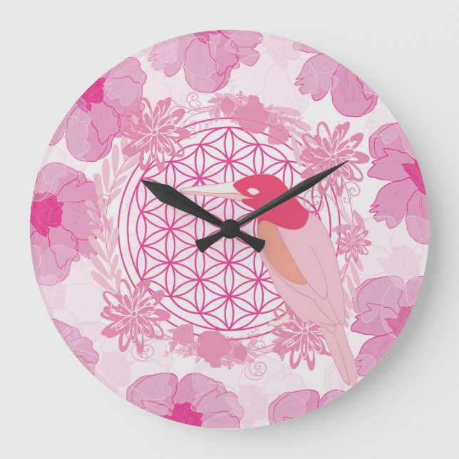 Reloj Redondo Grande Flor de aves de la vida (Anverso)