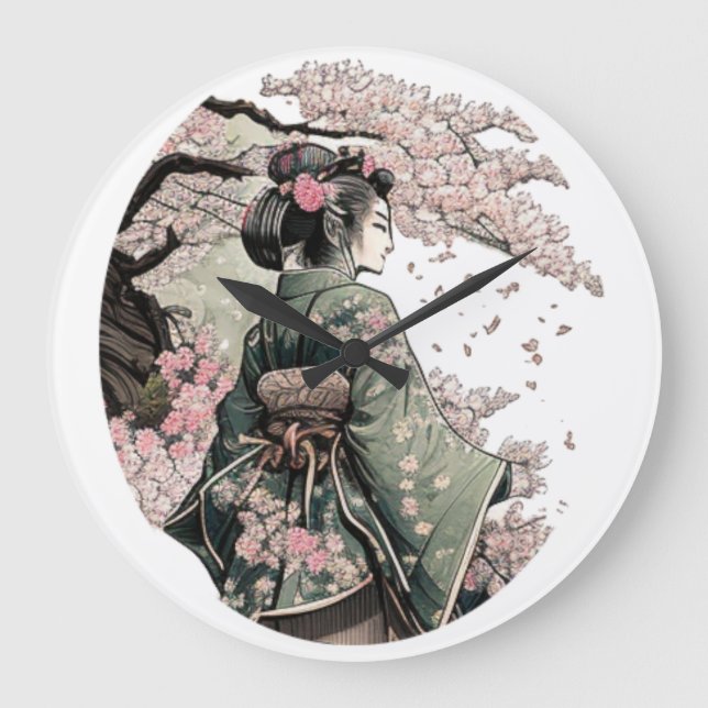 Reloj Redondo Grande Flor de cerezo japonesa Sakura Geiko Geigi Geisha (Anverso)