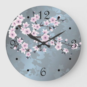Reloj Redondo Grande Flor de cerezo Polvo Rosa Azul Números
