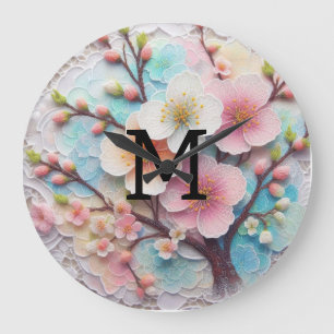 Reloj Redondo Grande Flor de cerezo rosa floral de encaje monograma